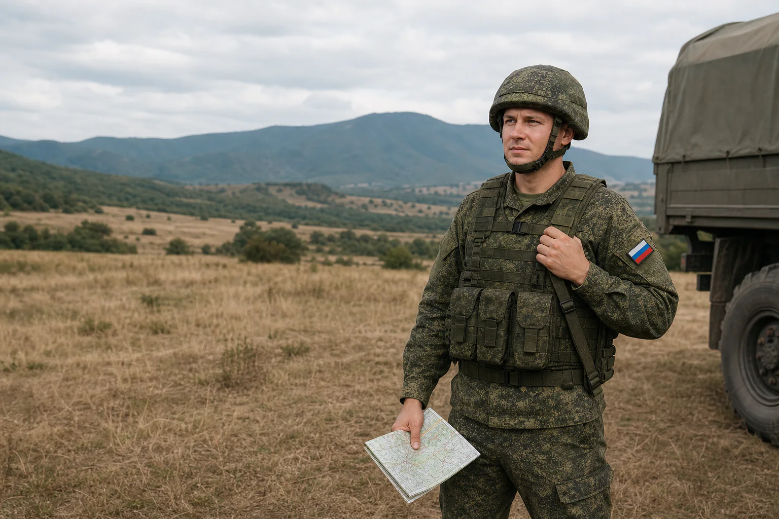 Военнослужащий с картой на фоне предгорий Краснодарского края